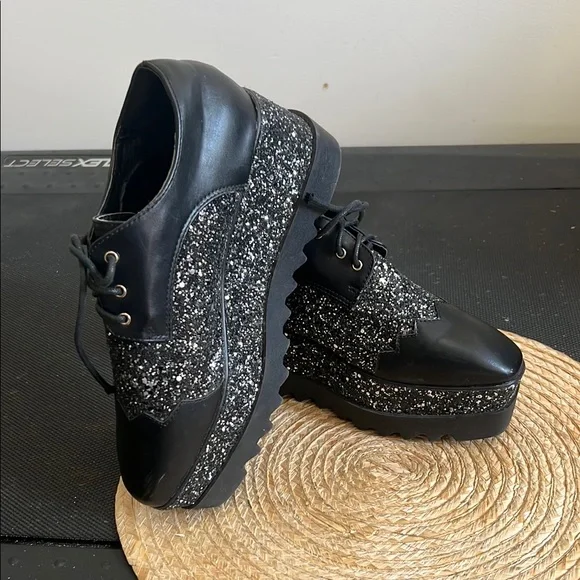 Black Glitter Platform Oxford  Funky Shoes Size 38 - Picture 11 of 14